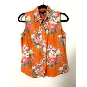 Lauren Ralph Lauren Shirt Women's S Orange Floral Sleeveless Button Up100% Linen